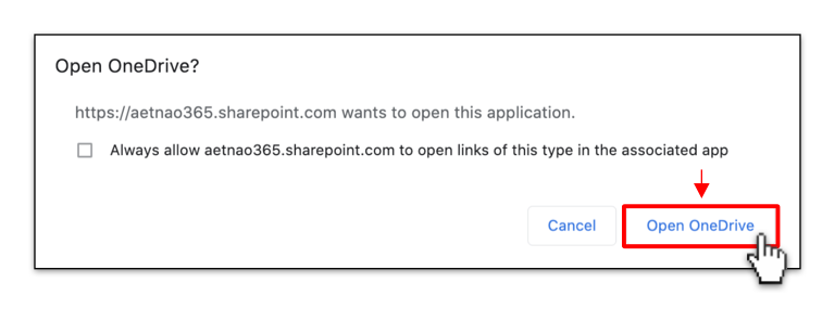 SharePoint Alert Dialog requesting to open OneDrive