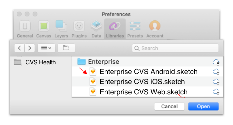 Sketch Preference modal sheet displaying Enterprise Sketch library files